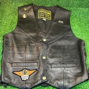 Hudson Leather Biker Motorcycle Vest WITH HARLEY DAVIDSON PATCHES AND MORE